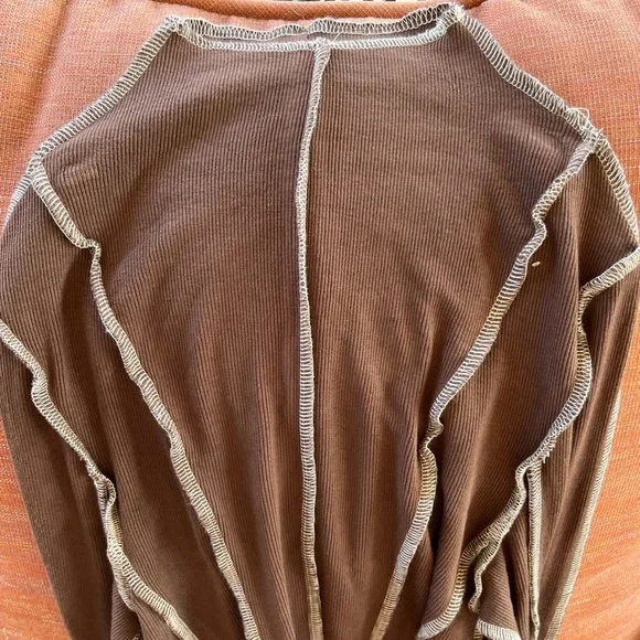 Cropped Brown Long Sleeve Top with Stripes. Super stretchy and soft - Picture 4 of 9